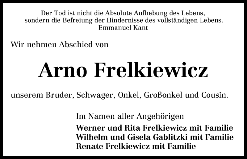 Traueranzeige von Arno Frelkiewicz von WESER-KURIER