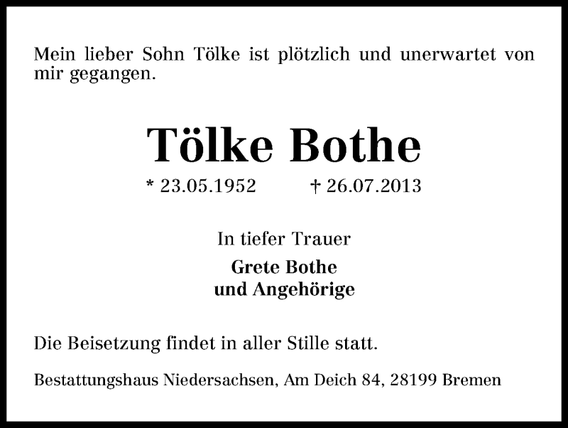 Traueranzeige von Tölke Bothe von WESER-KURIER