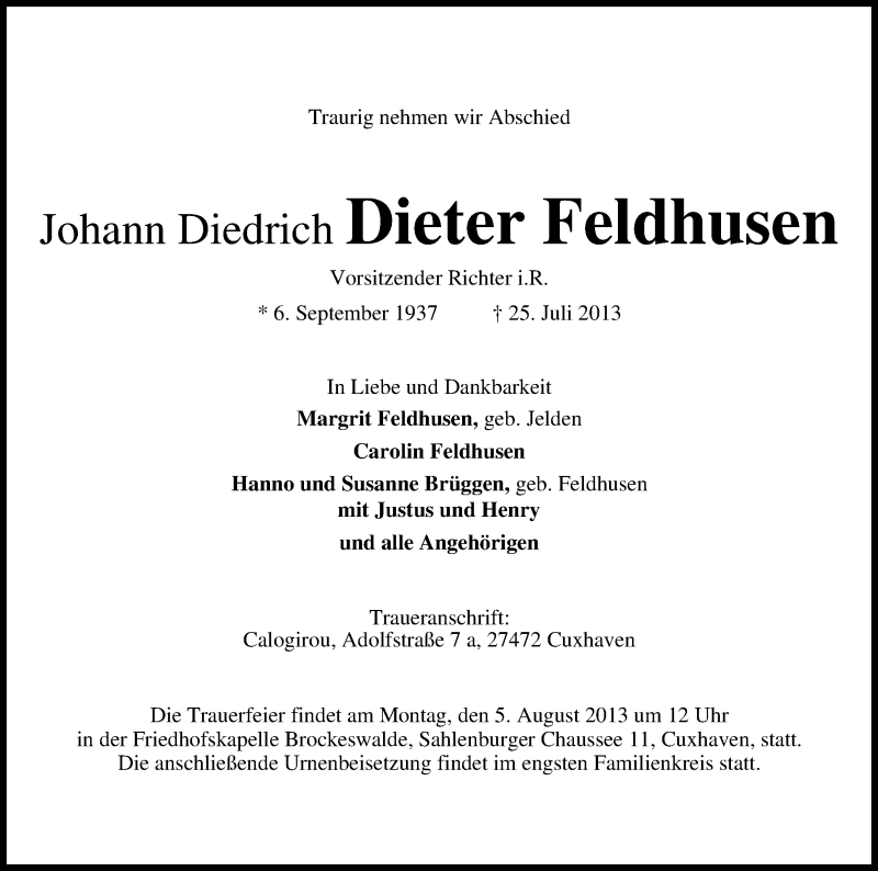 Traueranzeige von Johann Diedrich Dieter Feldhusen von WESER-KURIER