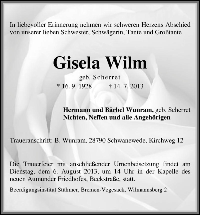 Traueranzeige von Gisela Wilm von WESER-KURIER