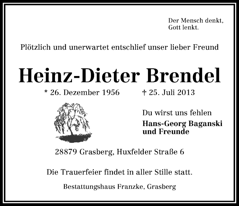 Traueranzeige von Heinz-Dieter Brendel von WESER-KURIER