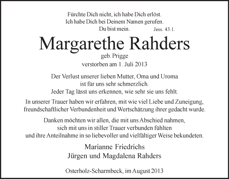 Traueranzeige von Margarethe Rahders von WESER-KURIER