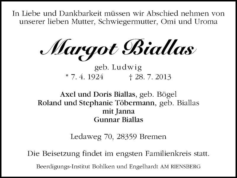 Traueranzeige von Margot Biallas von WESER-KURIER