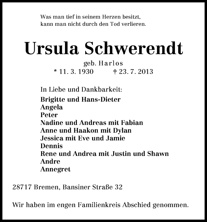 Traueranzeige von Ursula Schwerendt von WESER-KURIER
