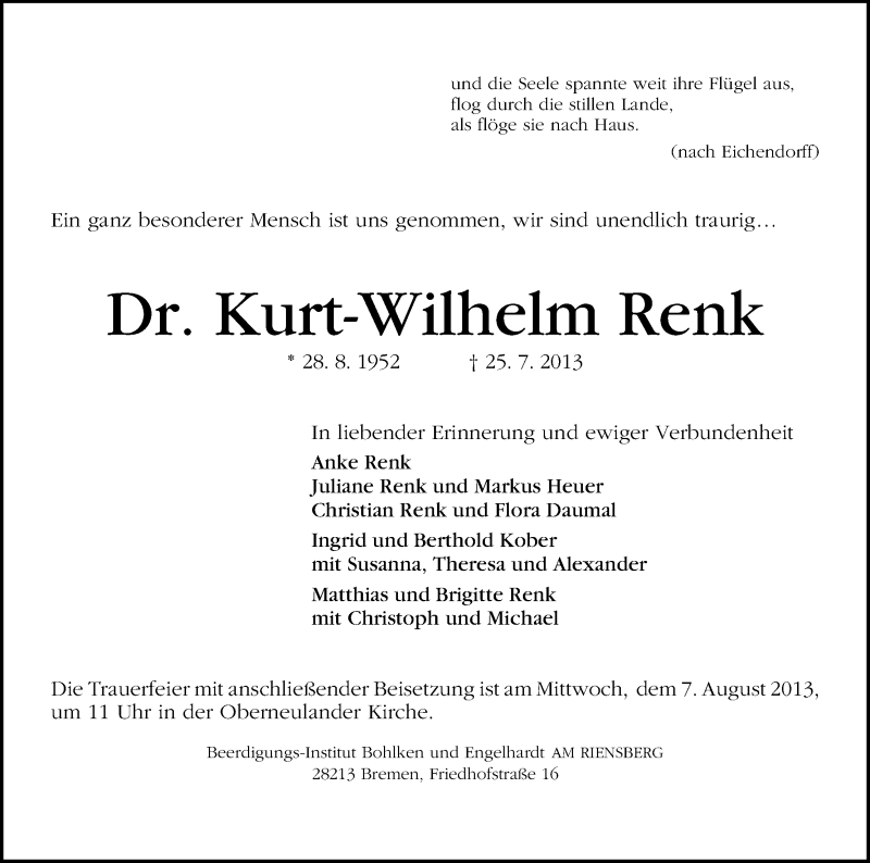 Traueranzeige von Kurt-Wilhelm Renk von WESER-KURIER