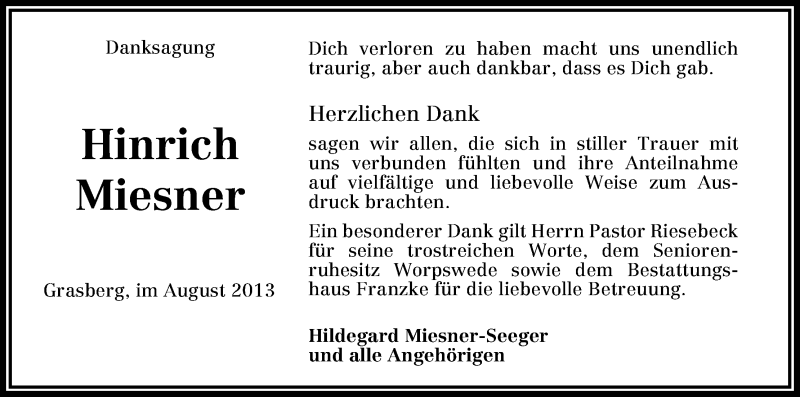 Traueranzeige von Hinrich Miesner von WESER-KURIER