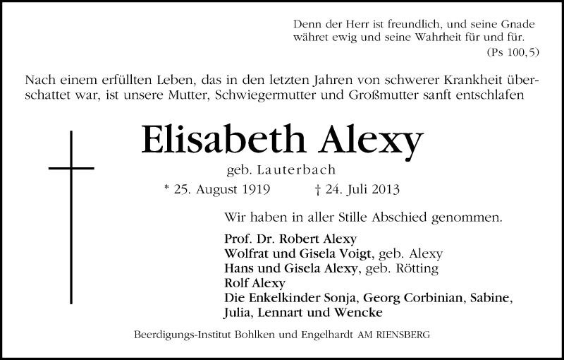 Traueranzeige von Elisabeth Alexy von WESER-KURIER