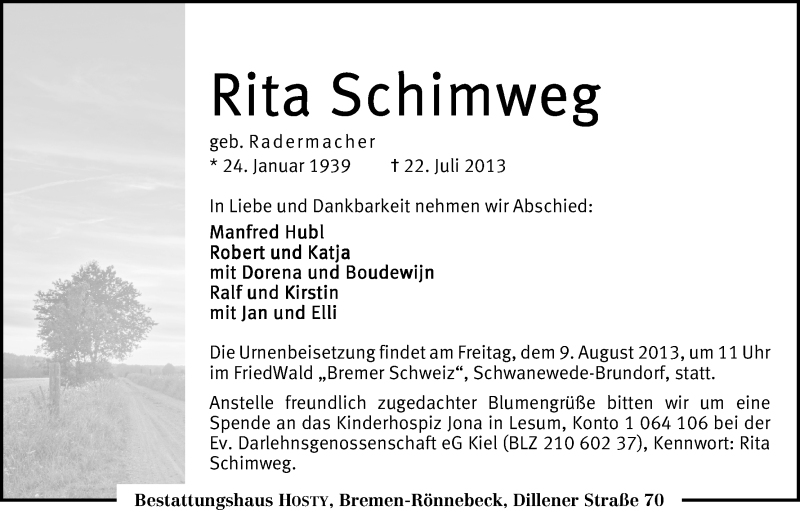 Traueranzeige von Rita Schimweg von WESER-KURIER