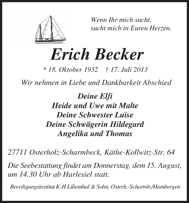 Traueranzeige von Erich Becker von WESER-KURIER