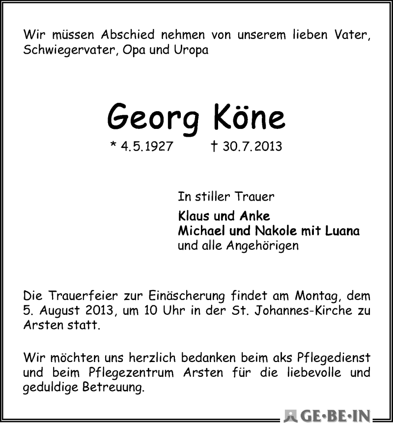 Traueranzeige von Georg Köne von WESER-KURIER