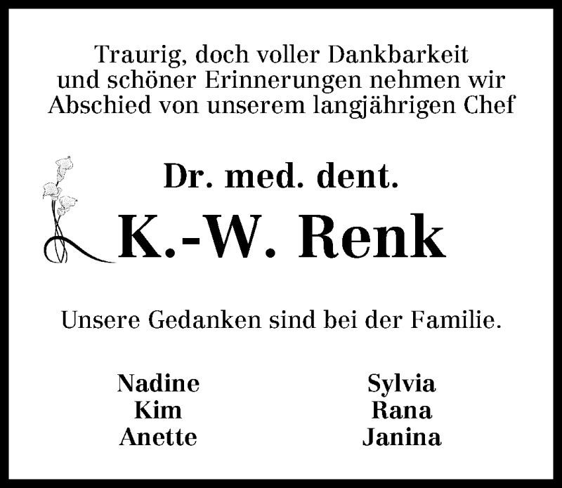 Traueranzeige von Kurt-Wilhelm Renk von WESER-KURIER