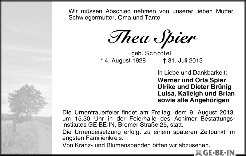 Traueranzeige von Thea Spier von WESER-KURIER