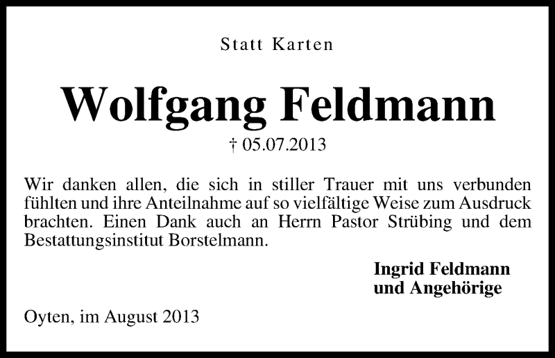 Traueranzeige von Wolfgang Feldmann von WESER-KURIER