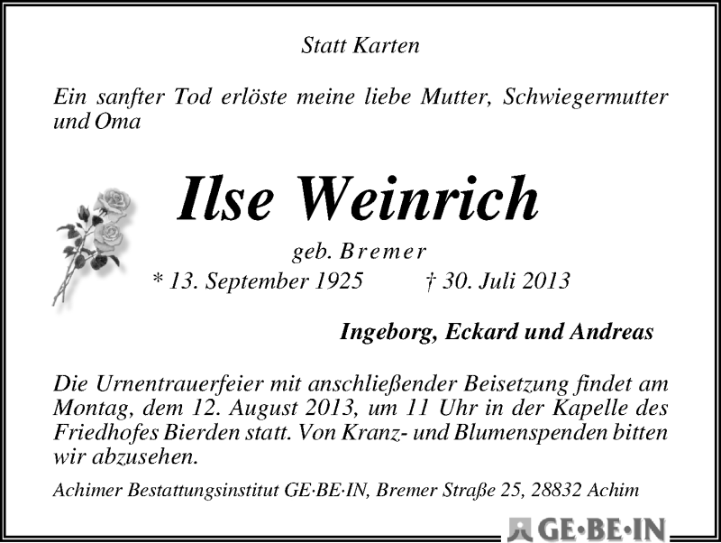 Traueranzeige von Ilse Weinrich von WESER-KURIER