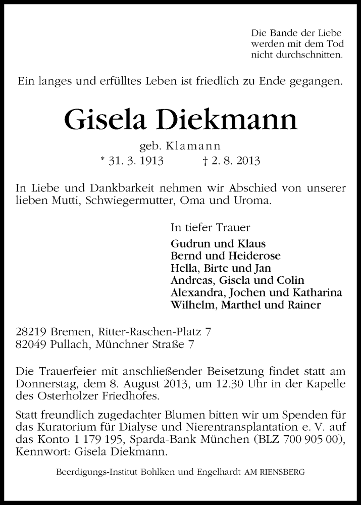 Traueranzeige von Gisela Diekmann von WESER-KURIER