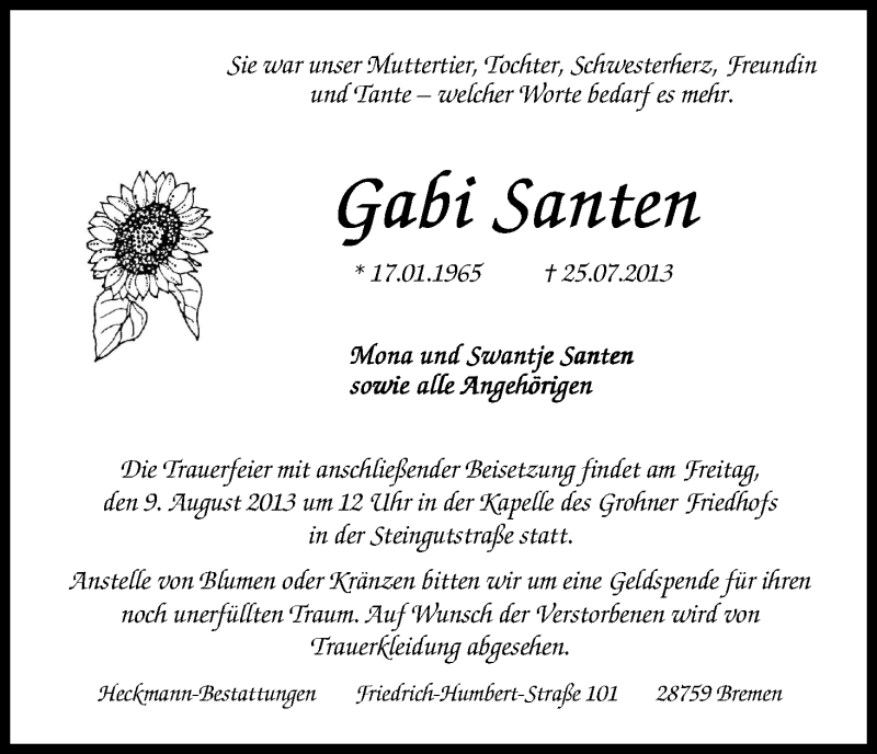 Traueranzeige von Gabi Santen von WESER-KURIER