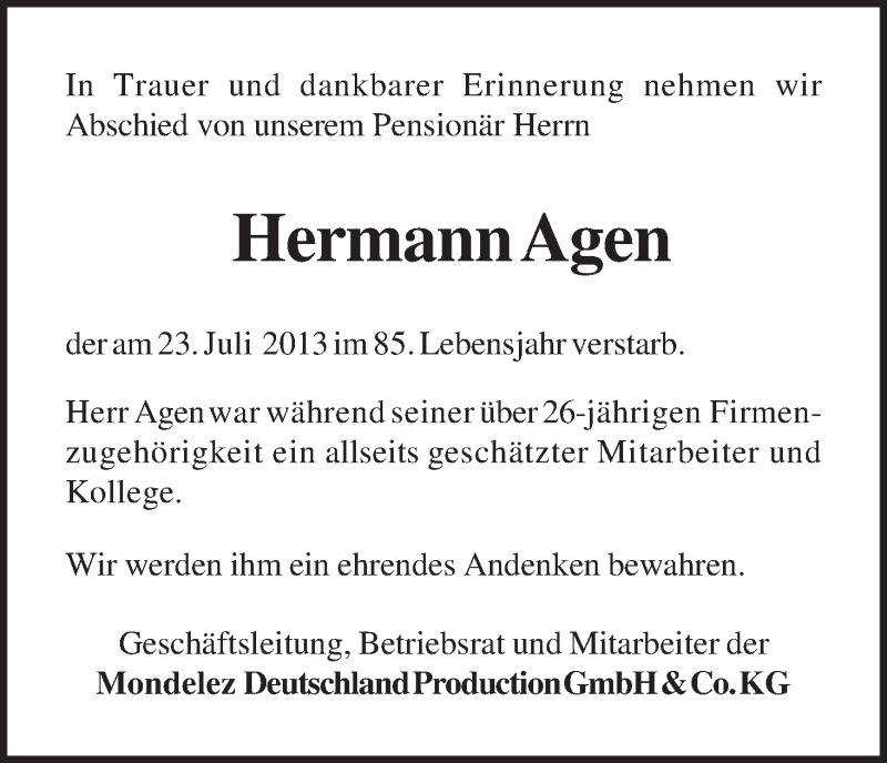 Traueranzeige von Hermann Agen von WESER-KURIER