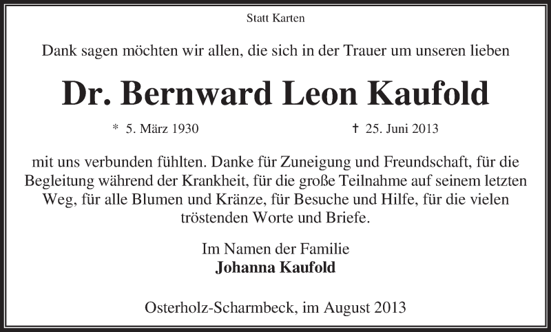 Traueranzeige von Dr. Bernward Leon Kaufold von WESER-KURIER
