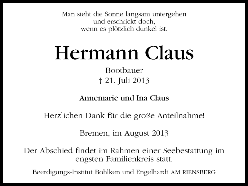 Traueranzeige von Hermann Claus von WESER-KURIER