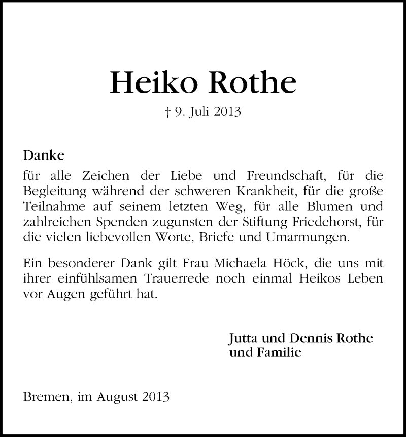 Traueranzeige von Heiko Rothe von WESER-KURIER