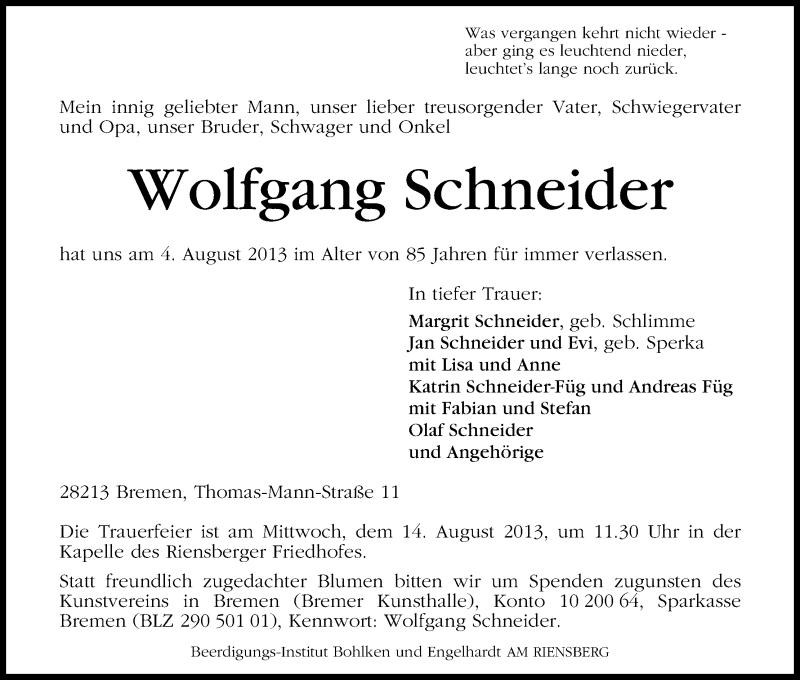 Traueranzeige von Wolfgang Schneider von WESER-KURIER
