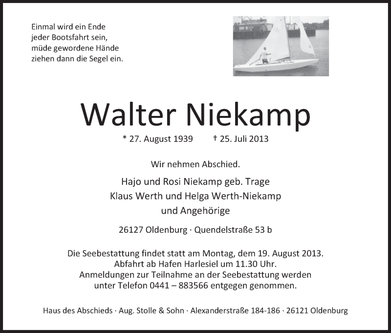 Traueranzeige von Walter Niekamp von WESER-KURIER