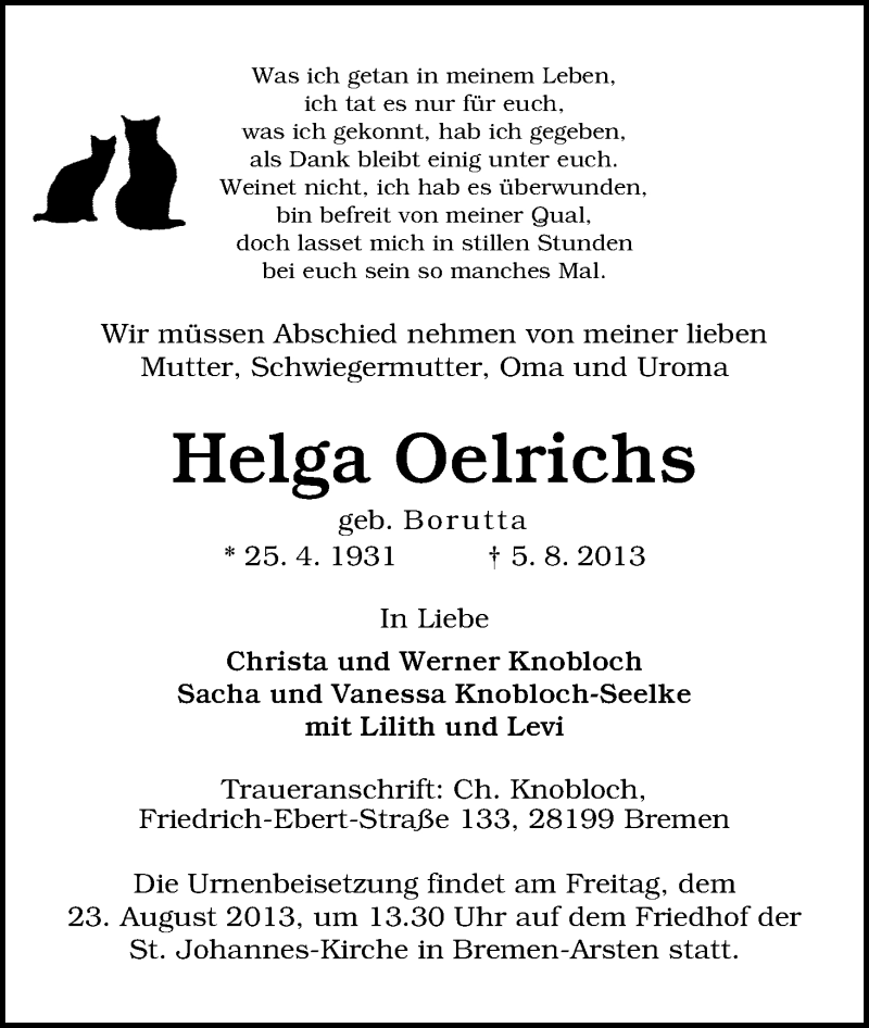 Traueranzeige von Helga Oelrichs von WESER-KURIER