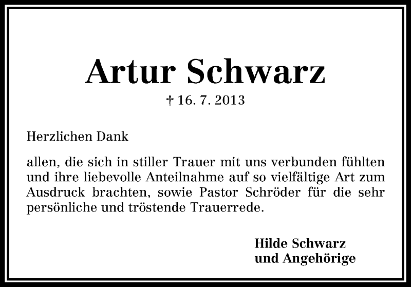 Traueranzeige von Artur Schwarz von WESER-KURIER