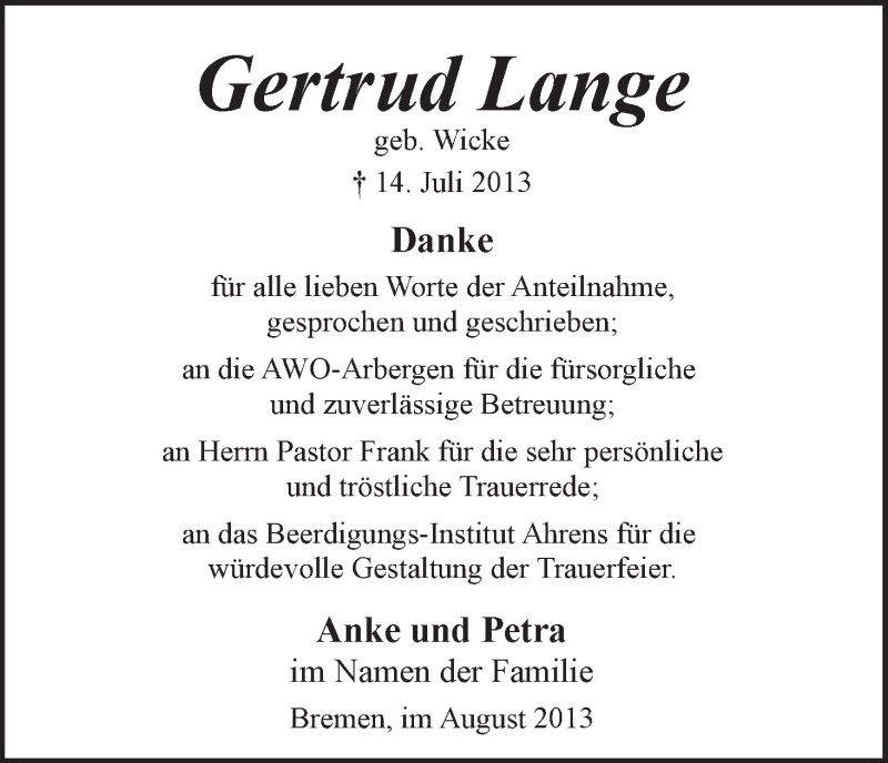 Traueranzeige von Gertrud Lange von WESER-KURIER