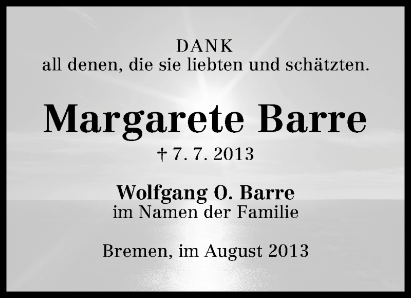 Traueranzeige von Margarete Barre von WESER-KURIER