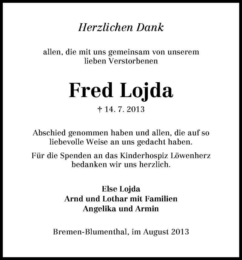 Traueranzeige von Fred Lojda von WESER-KURIER