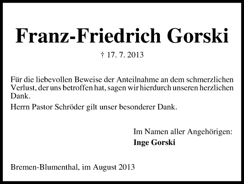 Traueranzeige von Franz-Friedrich Gorski von WESER-KURIER