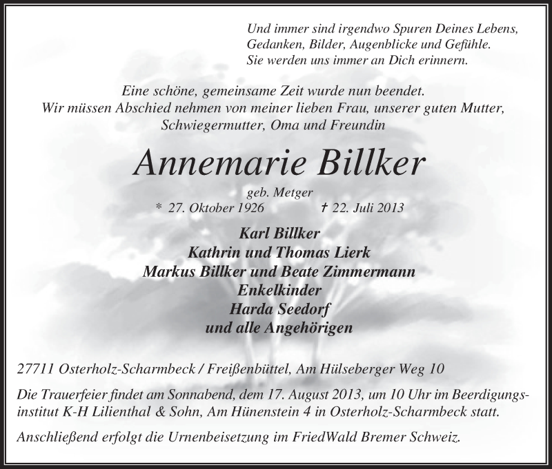Traueranzeige von Annemarie Billker von WESER-KURIER