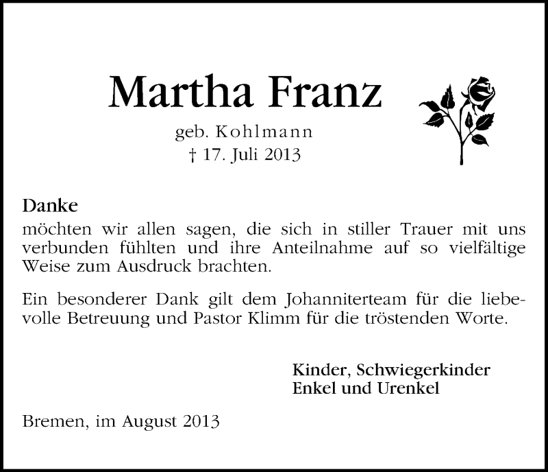 Traueranzeige von Martha Franz von WESER-KURIER