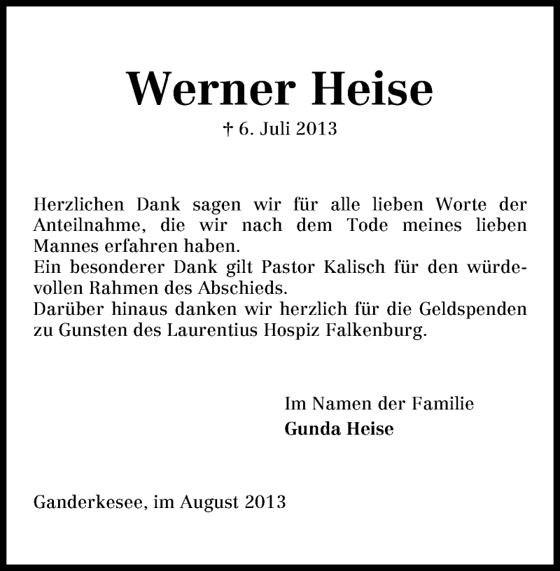Traueranzeige von Werner Heise von WESER-KURIER