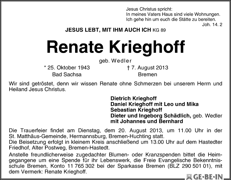 Traueranzeige von Renate Krieghoff von WESER-KURIER