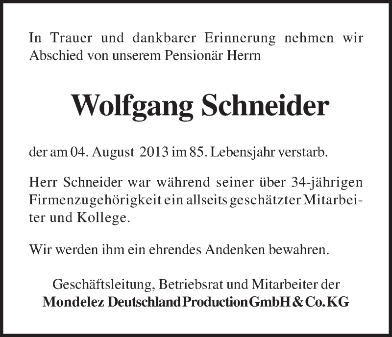 Traueranzeige von Wolfgang Schneider von WESER-KURIER
