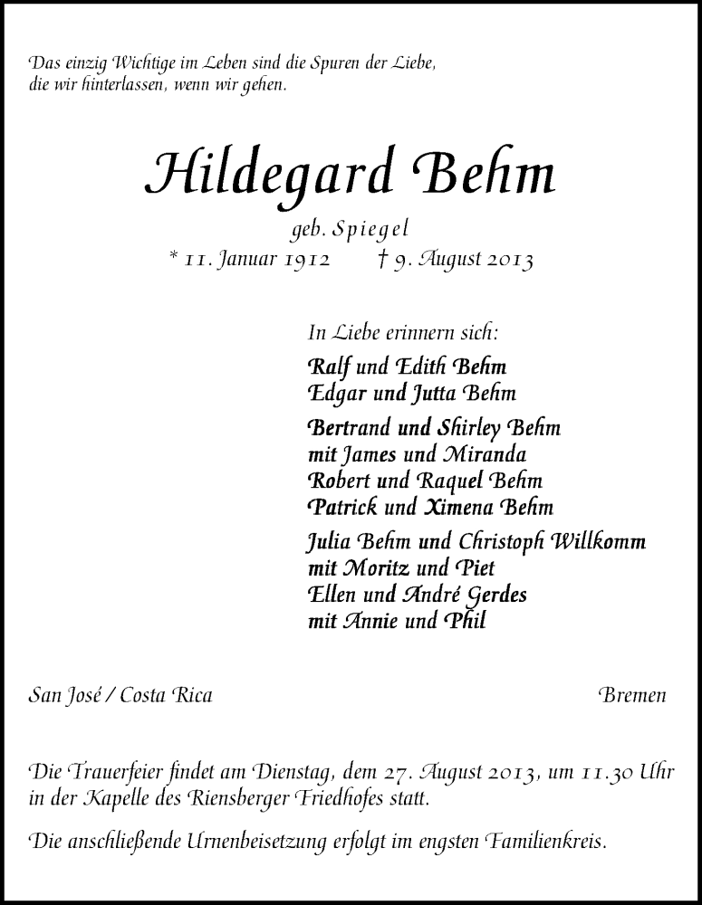 Traueranzeige von Hildegard Behm von WESER-KURIER
