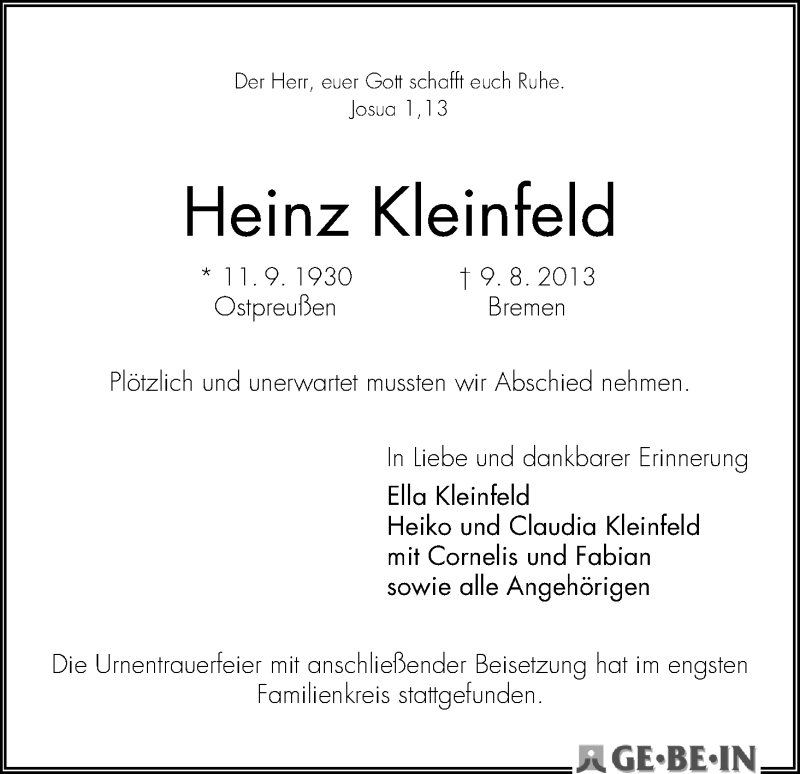 Traueranzeige von Heinz Kleinfeld von WESER-KURIER