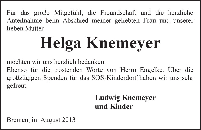Traueranzeige von Helga Knemeyer von WESER-KURIER