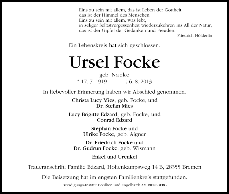 Traueranzeige von Ursel Focke von WESER-KURIER