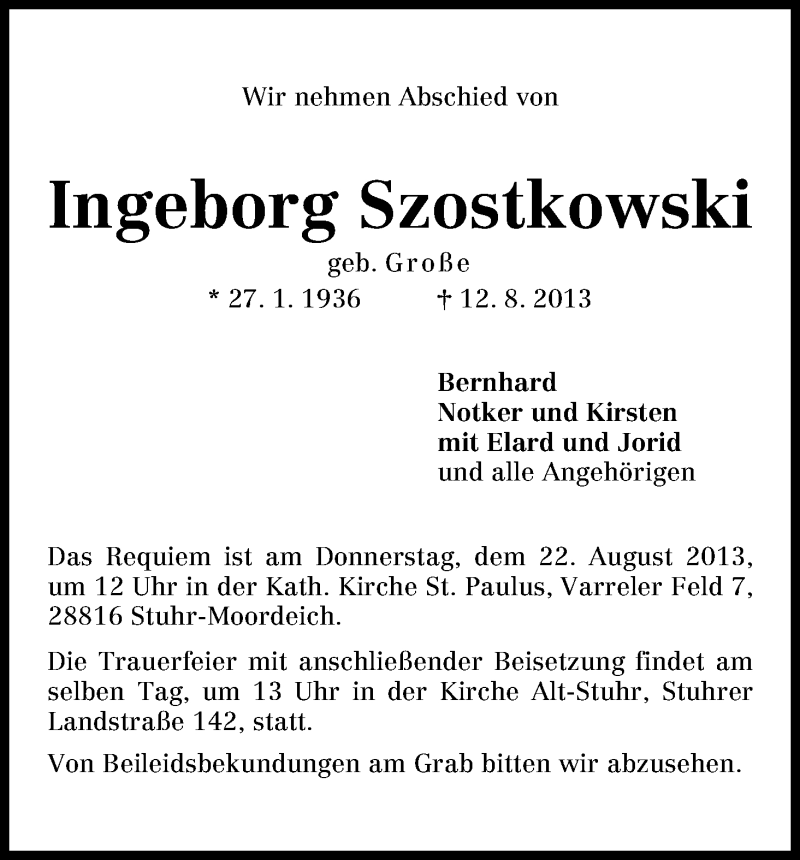 Traueranzeige von Ingeborg Szostkowski von WESER-KURIER