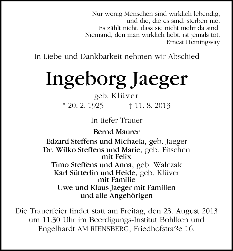 Traueranzeige von Ingeborg Jaeger von WESER-KURIER