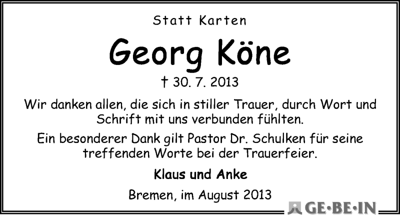Traueranzeige von Georg Köne von WESER-KURIER