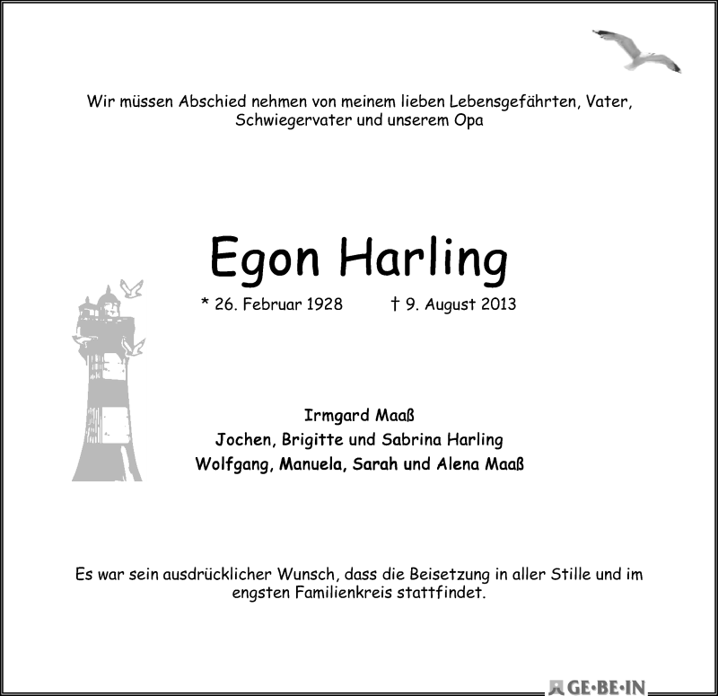 Traueranzeige von Egon Harling von WESER-KURIER