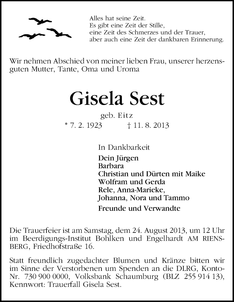 Traueranzeige von Gisela Sest von WESER-KURIER