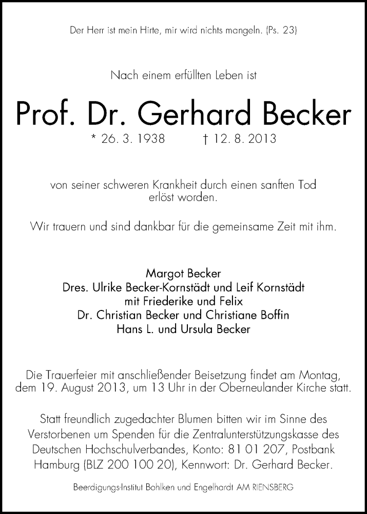 Traueranzeige von Gerhard Becker von WESER-KURIER