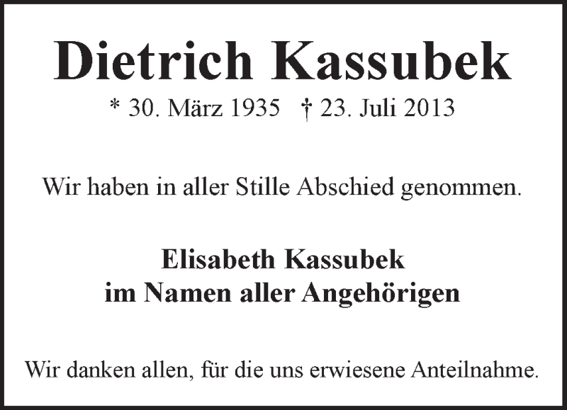 Traueranzeige von Dietrich Kassubek von WESER-KURIER