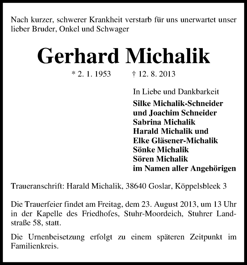 Traueranzeige von Gerhard Michalik von WESER-KURIER