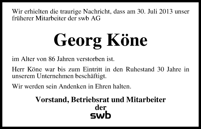 Traueranzeige von Georg Köne von WESER-KURIER
